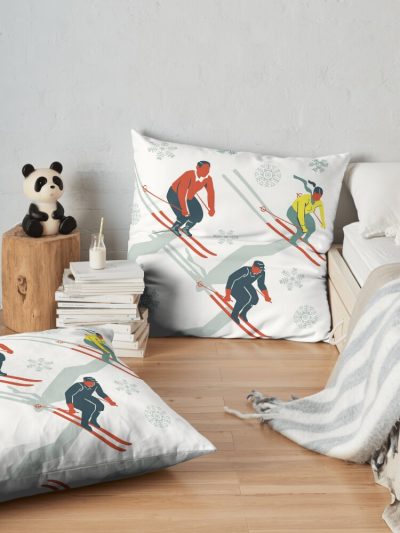 Mid Century Retro Ski Trails In Red, Teal And Yellow Throw Pillow Official Ski Merch