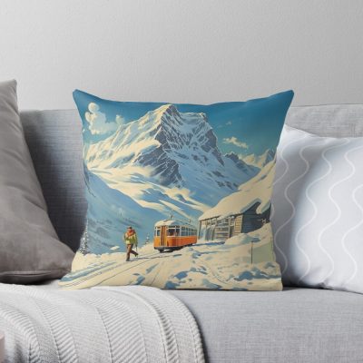 Retro Ski Travel Throw Pillow Official Ski Merch