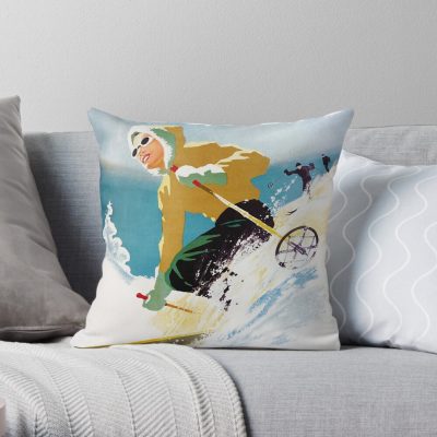 Vintage Ski Poster, Woman Skiing In Quebec Throw Pillow Official Ski Merch