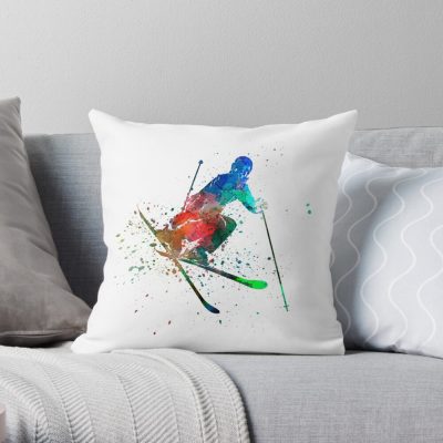 Woman Skier Freestyler Jumping Throw Pillow Official Ski Merch