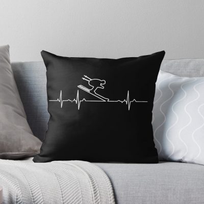 Skiing Heart Beat Throw Pillow Official Ski Merch