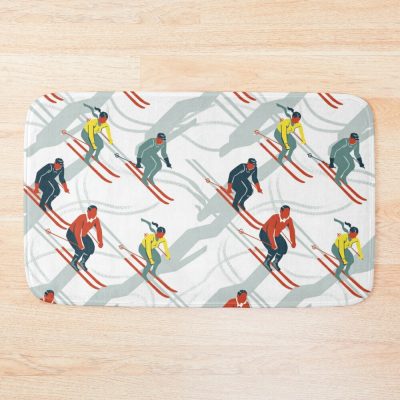 Mid Century Retro Ski Trails In Red, Teal And Yellow Bath Mat Official Ski Merch