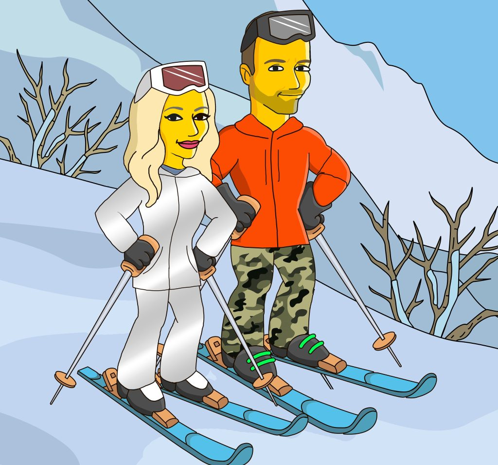 Skiing Personalized Cartoon Portrait Couple Wall Art